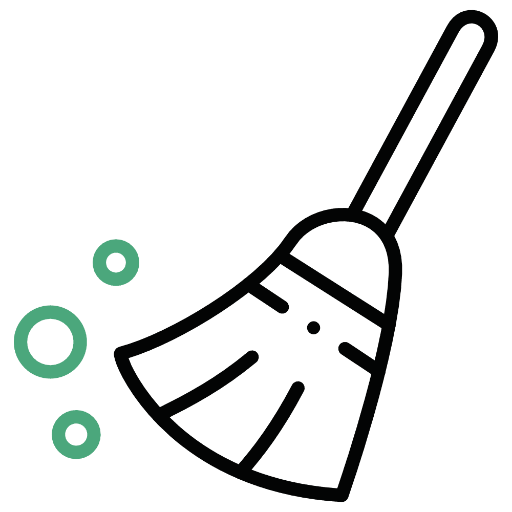 Simple illustration of a broom sweeping with three green bubbles or dust particles nearby, on a white background—perfect for highlighting the monello benefits and showing why choose monello for effortless, effective cleaning.