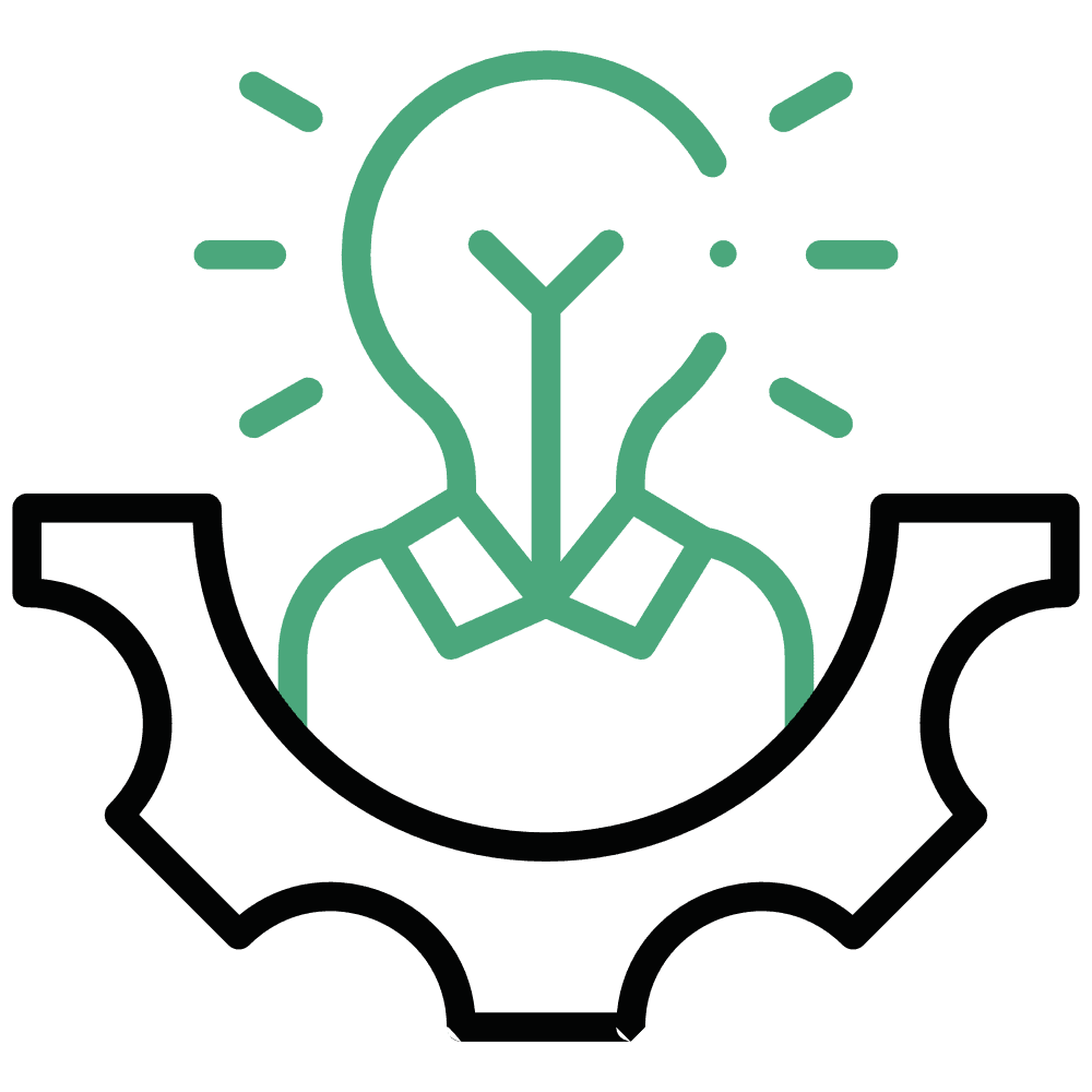 Outline of a gear with a light bulb and person icon integrated, representing innovation or ideas in engineering or technology—capturing the spirit of premium quality solutions that drive progress forward.