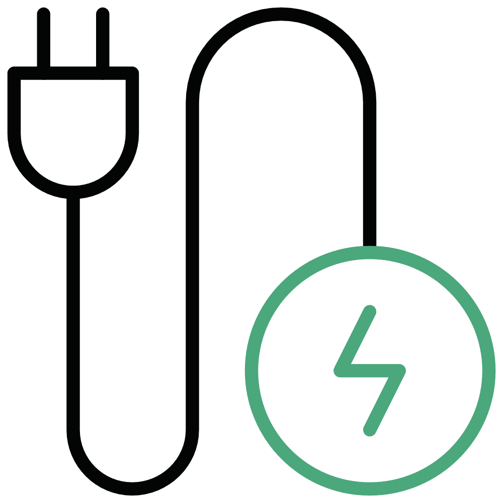 A black electrical plug with a curved cord leading to a green circle containing a lightning bolt symbol, representing electricity or power.