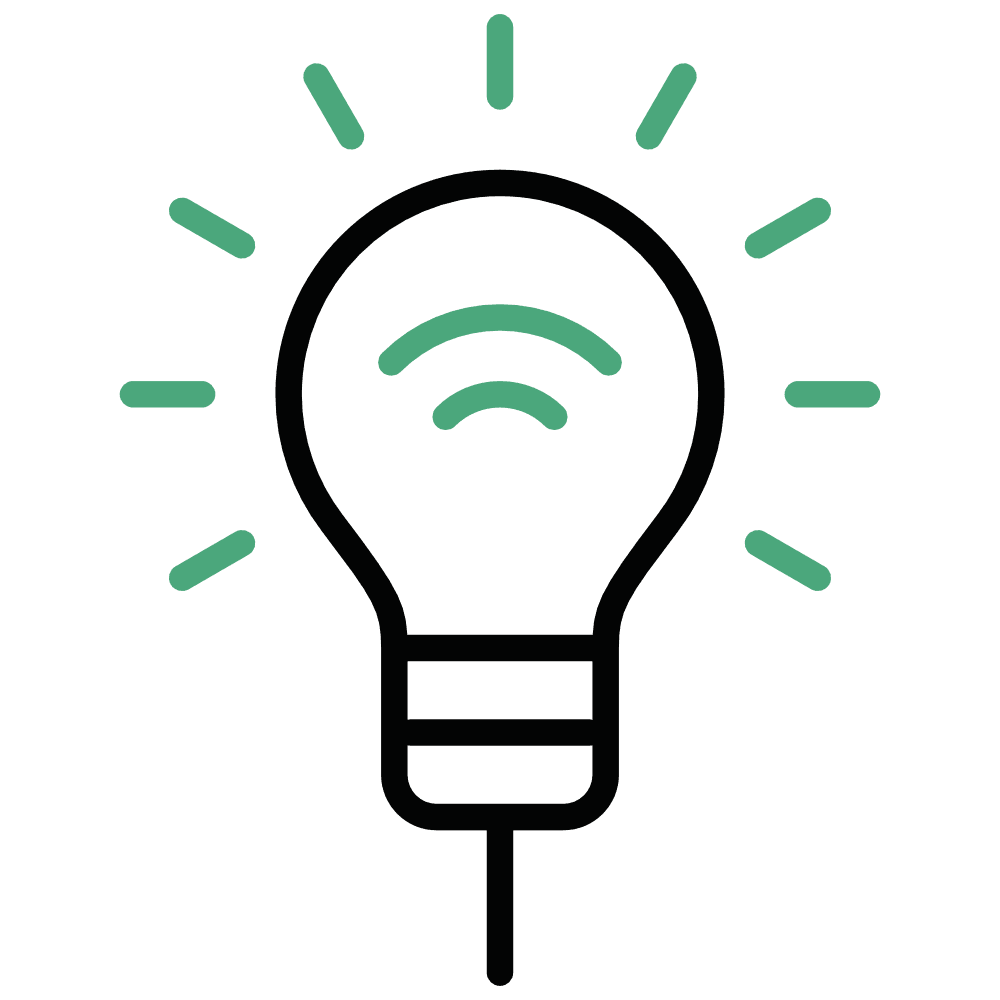 A simple line drawing of a lightbulb with green rays around it and a green Wi-Fi symbol inside the bulb.