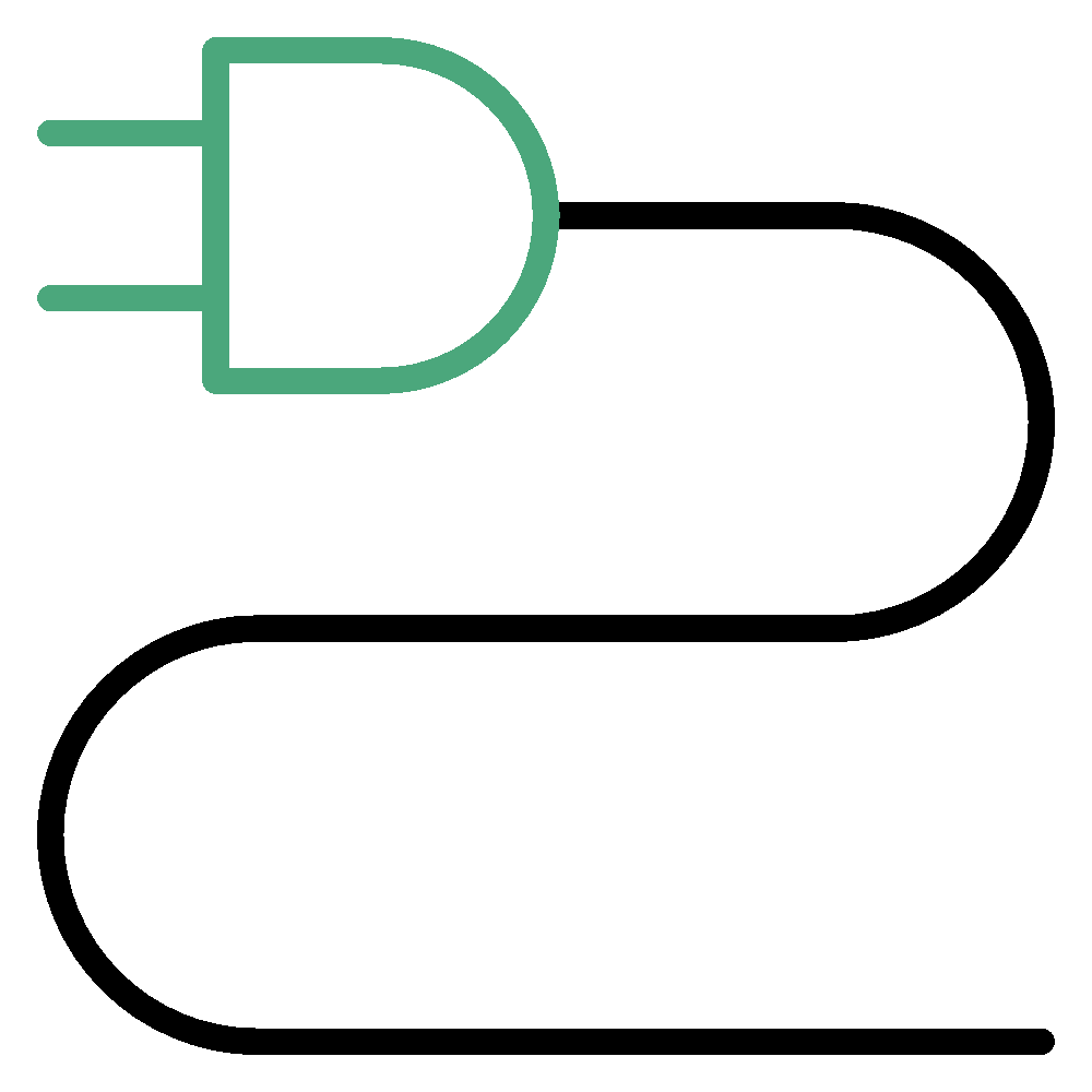 A green electrical plug with a long black cord forming a curvy, winding path on a white background.