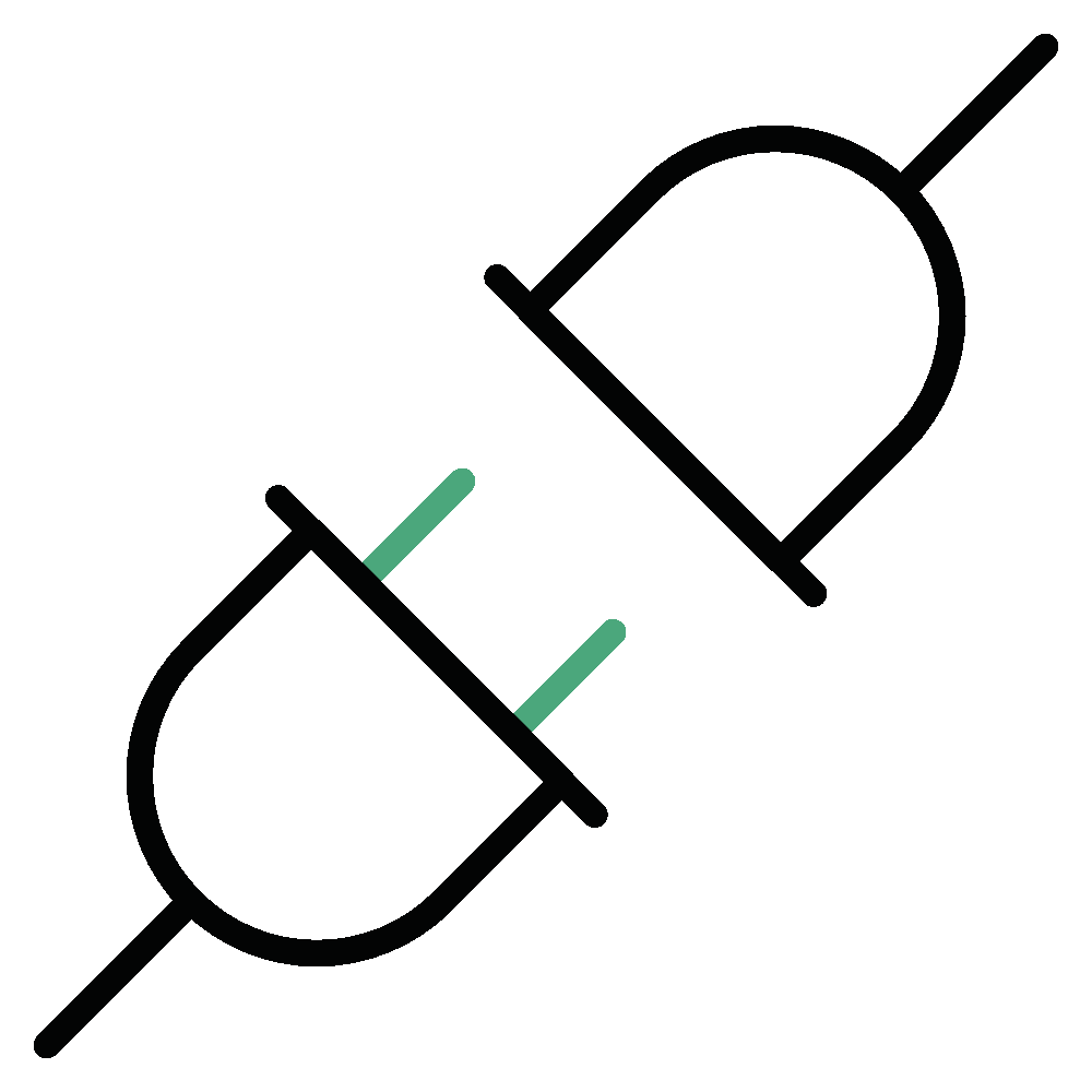 Simple illustration of an unplugged electrical cord and socket with green prongs, showing the plug and socket separated and not connected.