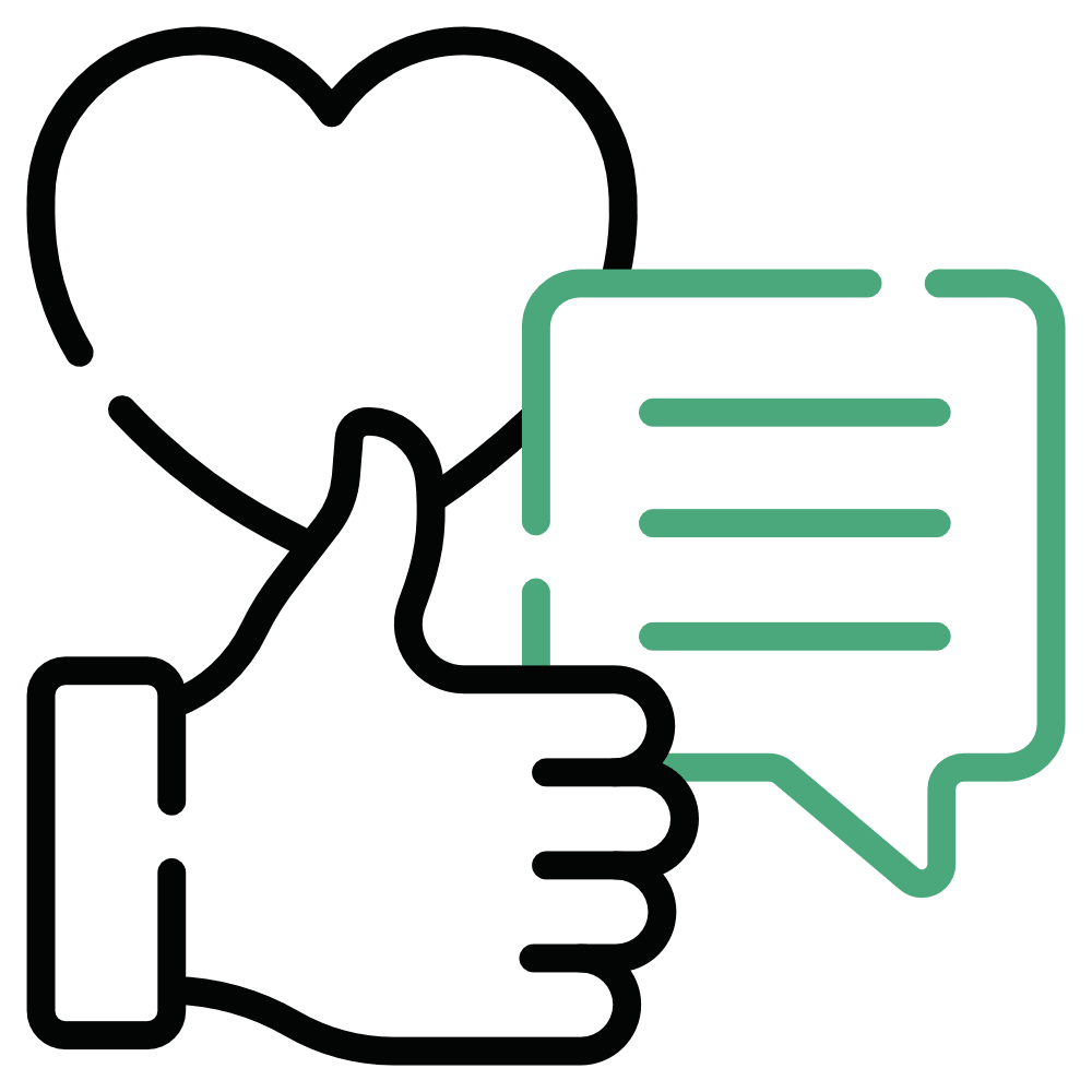 Outline icons of a heart, a thumbs up, and a speech bubble with three lines, representing positive feedback or approval in communication—ideal for showcasing why choose Monello as your trusted platform for engaging interactions.