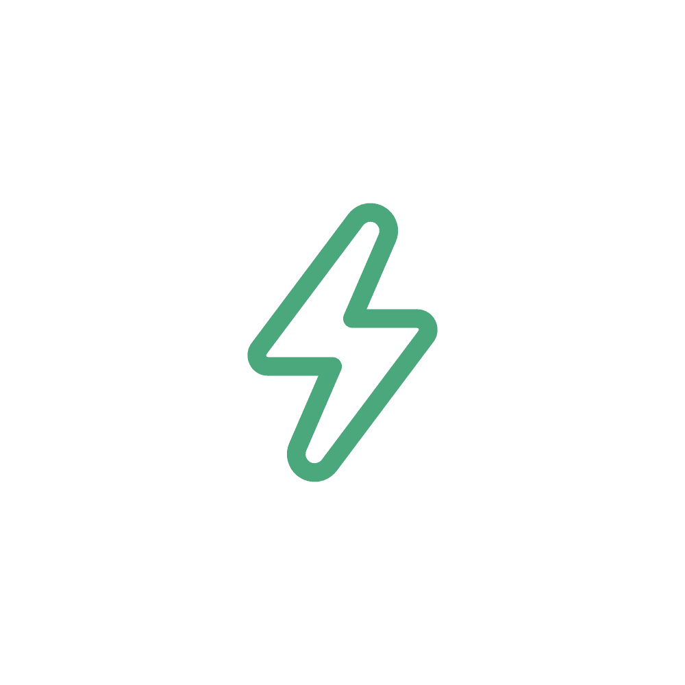 Green lightning bolt icon centered inside a light gray gear outline, symbolizing energy or power within a technical or mechanical context.