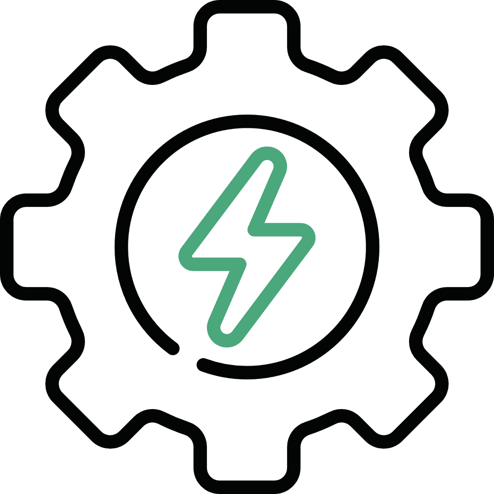 An outline of a gear with a green lightning bolt inside, symbolizing energy or power within technology or engineering.
