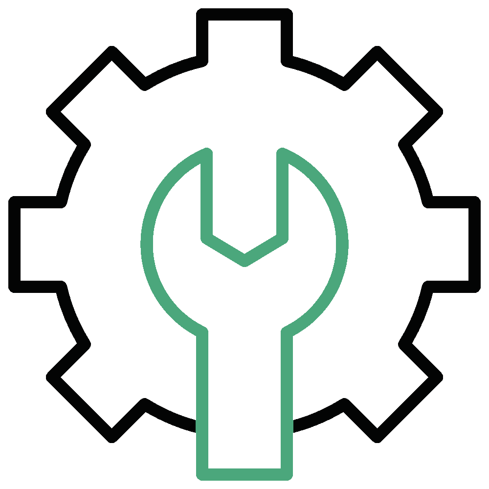 Outlined icon of a gear behind a wrench, symbolizing settings, tools, or maintenance. The gear is black and the wrench is green.