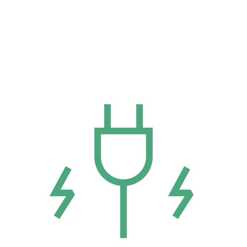 Outline of a house with a green electric plug in the center and two lightning bolt symbols, representing home electricity or energy usage.