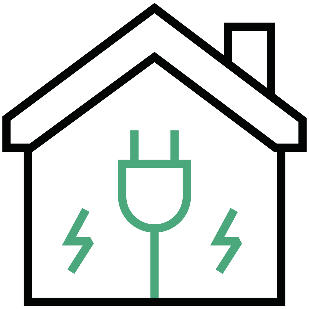 Outline of a house with a green electric plug and lightning bolt symbols inside, representing home electricity or energy.
