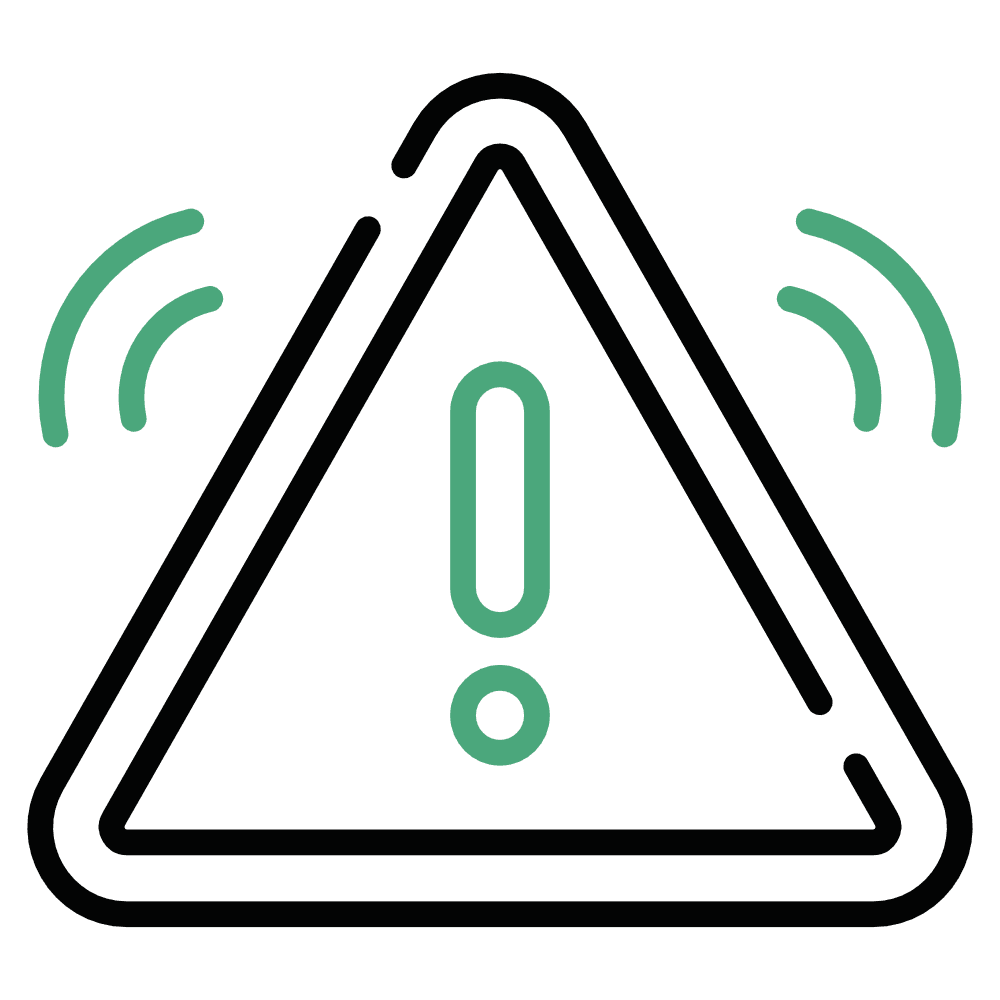 Outlined warning triangle with an exclamation mark inside and curved lines on both sides, indicating an alert or caution—a reminder to consider the monello benefits when making your decision.