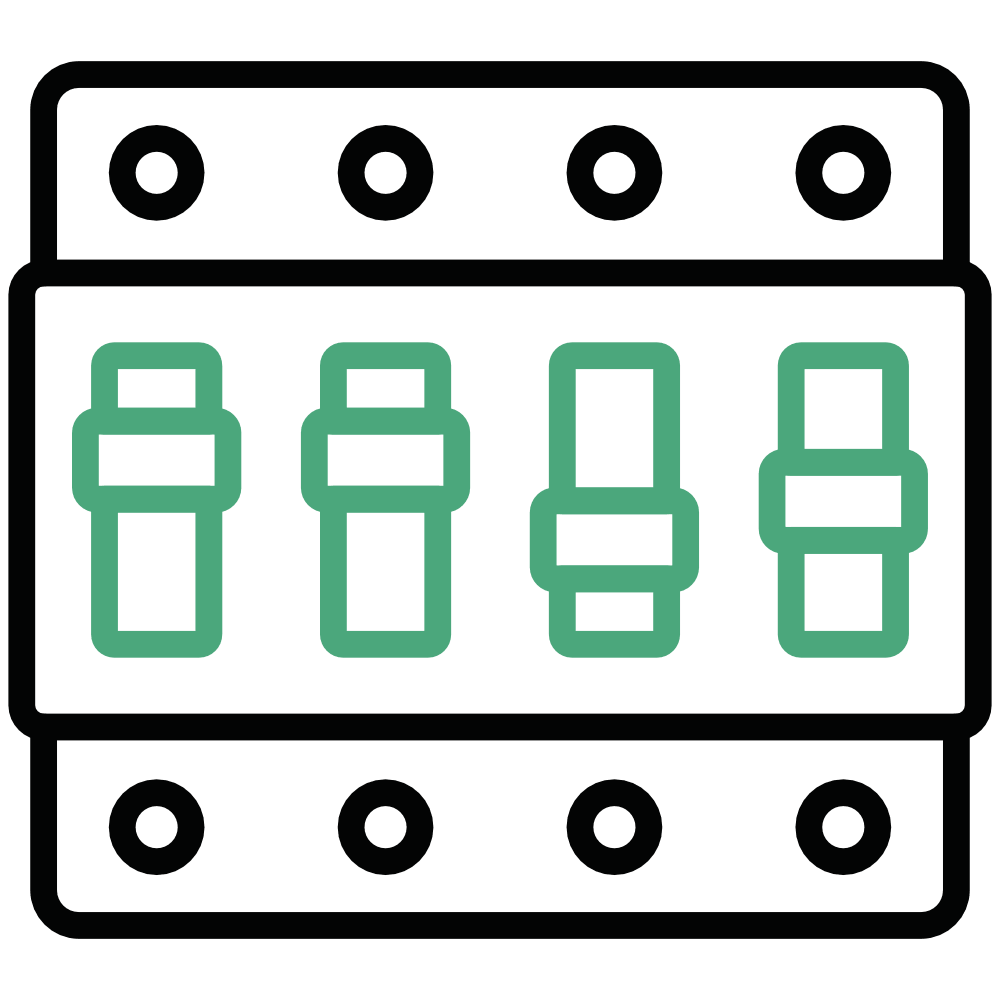 Icon of an audio mixer with four vertical sliders in green and two rows of four black circular knobs, outlined in black.