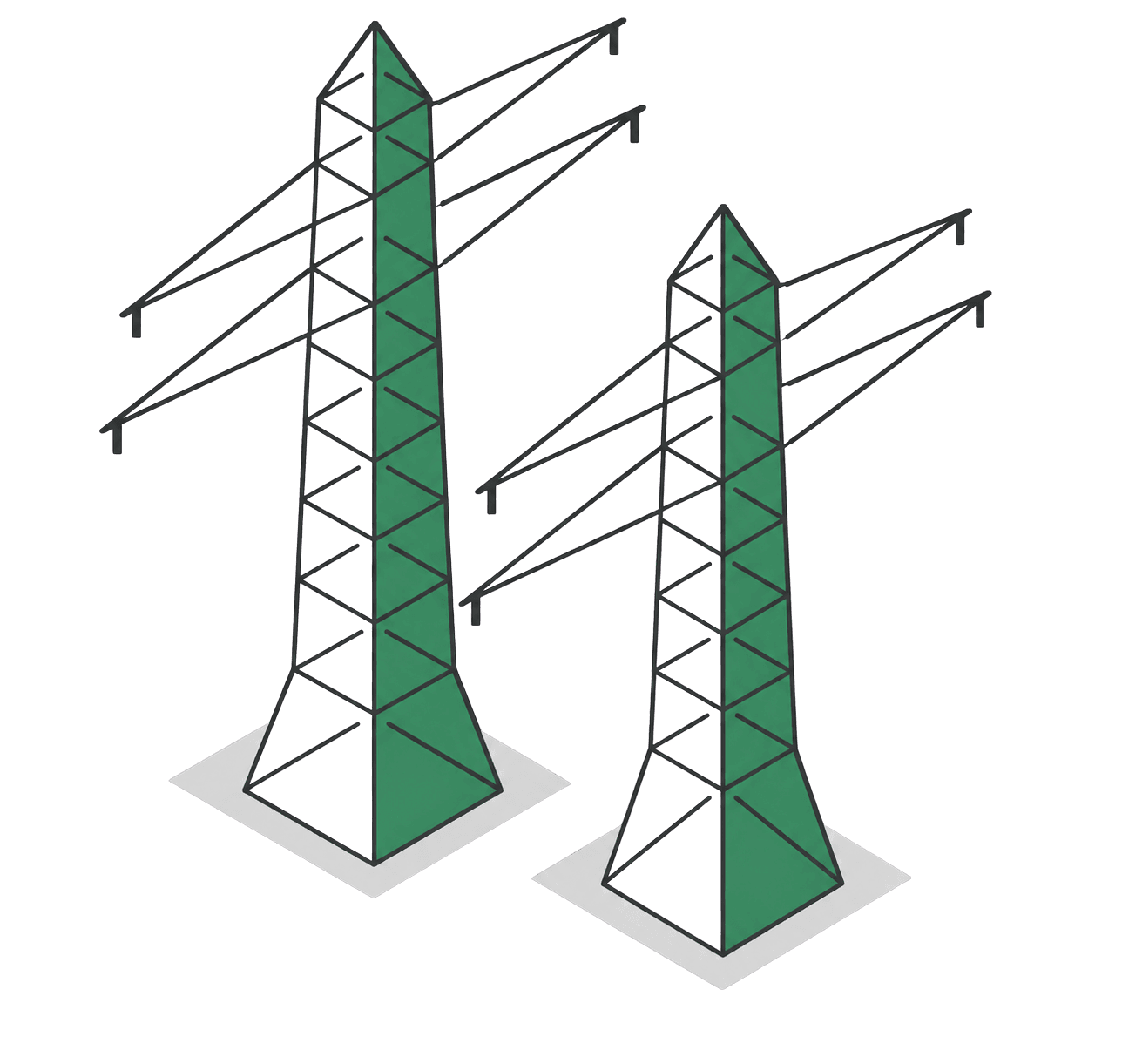 Two geometric, green and white transmission towers with angled supports and black power lines, shown on a plain background.